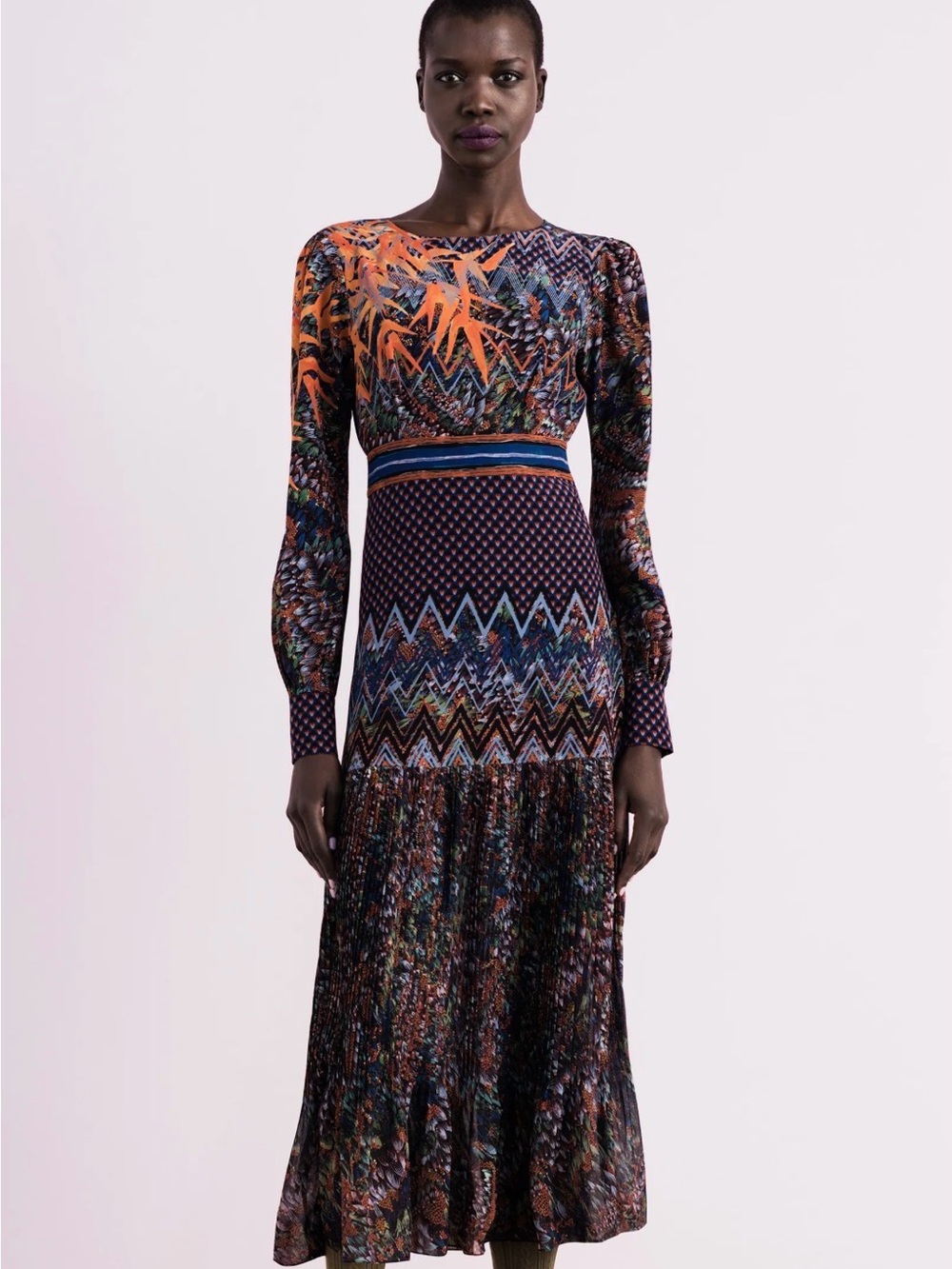 SALONI Long-Sleeve Midi Dress in Orange & Navy Multi